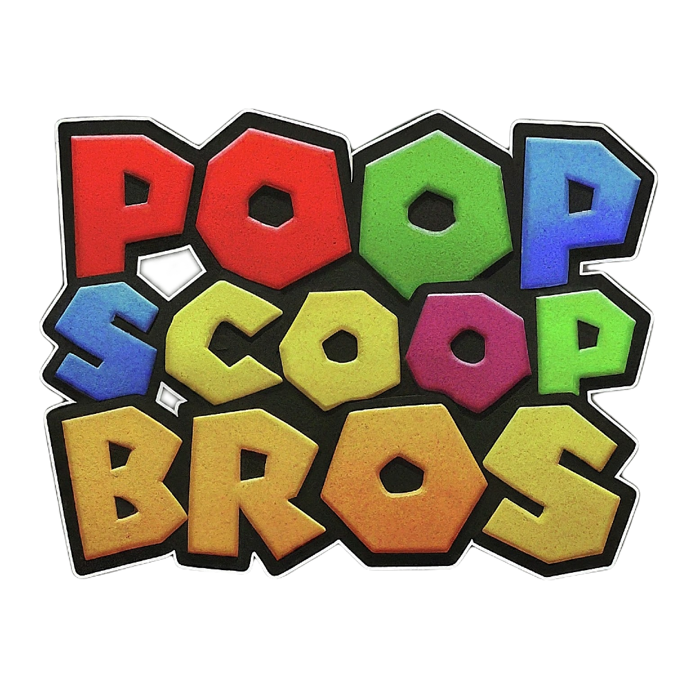 Colorful logo for 'Poop Scoop Bros' with playful lettering on a black background.